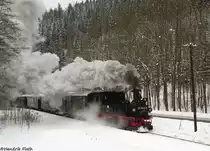 Am Vormittag des 31.01.2010 herrschte ja bei der Fichtelbergbahn noch sch�nster Sonnenschein. Leider tr�bte es sich dann rasch zu, so das 99 1542 im Pre�nitztal nur noch bei Schneefall fotografiert werden konnte. Nahe des B� an der Grumbacher Stra�e dampft die Maschine bergw�rts.