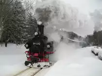 Winterferiendampf in Sch�nheide, am 14.02.10. 99 582 ist in der steigung von Neuheide nach Sch�nheide unterwegs.