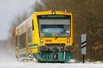 ODEG 650.86 R3 nach Neustrelitz f�hrt hier kurz hinter Hagenow der Sonne entgegen. 14.02.2010