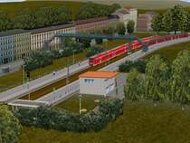Neuerlicher Screenshot einer fiktiven Anlage. Zu sehen hier eine Station des Nahverkehrs einer 50x2km-Anlage ohne konkretem Vorbild.