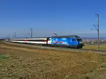 Re 460 020 mit IR 9066 (Konstanz-Biel/Bienne) zwischen Kreuzlingen Bernrain und Lengwil. Noch vor wenigen Monaten standen hier kreuz und quer Hochspannungs- und Telegrafenmasten, heute ist leider alles unter der Erde. (23.M�rz 2010)