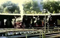 Der letzte von einer Dampflok der Bundesbahndirektion Essen gef�hrte Zug brachte am 21. Mai 1977 die Ausstellungsfahrzeuge vom Abschiedsfest aus Gelsenkirchen Bismarck nach Bochum-Dahlhausen. Hier verabschieden sich die Museumslokomotiven Walsum 5 und BLE 146 von der Zuglok 044 508-0 mit kr�ftigen Pfiffen.