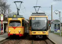 VBK 199 auf Sonderfahrt anl��lich der TSNV JHV trifft auf 242 als 4 nach Waldstadt am F�cherbad 20.3.10. Das Bild entstand legal von einem �berweg aus!