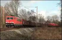 Die Bespannung des abendlichen Coilzuges, Hohenlimburg -> Ruhrgebiet, ist oft Sache der Baureihe 155. Am 29.03.2010 bespannt 155 118 (9180 6155 118-3 D-DB) diesen Zug und wird in wenigen Augenblicken die Strecke Hagen-Schwerte(Ruhr) erreichen.
