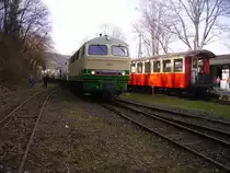 Lok D5 kommt mit einem Fotog�terzug in den Bahnhof Brohl am 2.4.10