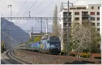 460 080-5 mit Verkehrshaus werbung erreicht mit IR91 mit einem �usserst gemischten Wagenpark in K�rze Chur. (19.04.2010)