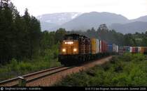 Zwei Di8 s�dw�rts auf der Nordlandsbahn. Hier bei Rognan beginnt von Norden kommend der Anstieg zum Polarkreis auf dem Saltfjell und der Lokf�hrer wird alles geben um den schweren Containerzug mit Anstand und ohne Versp�tung �ber das Fjell zu bringen. Andererseits haben beide Di8 zusammen �ber 3000 kw, w�hrend die sonst hier t�tige Class 66  nur  rund 2300 kw vorweisen kann. Sommer 2005