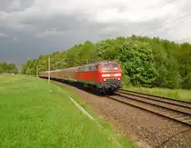 Mit den letzten Sonnenstrahlen, kam 218 390-3 mit dem RE 3707 (B�DER EXPRESS) von Leipzig nach Hof. Hier kurz vor Reichenbach/V. am 24.05.10.