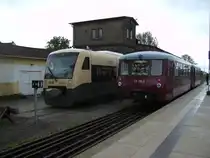 PRESS 650 032 und Ferkeltaxe 172 132/172 171 wechselten sich fast zwei Wochen auf der Strecke zwischen Bergen/R�gen und Lauterbach Mole ab.So kam es in Bergen/R�gen zur Begegnung beider Triebwagen,w�hrend ein Triebwagen auf der Strecke war,hatte der andere Triebwagen in Bergen/R�gen Pause.