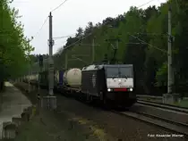 Der letzte G�terzug, den ich auf der Strecke K�nigs Wusterhausen - L�bbenau f�r ein Jahr lang fotografieren konnte. Es war die 189 200 der ITL, welche bereits am 1.Mai Richtung Frankfurt(Oder) fuhr und nun am 2.Mai wieder zur�ck kam.