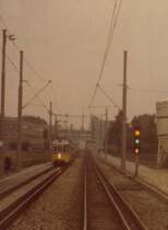 Zugkreuzung auf freier Strecke. Blick aus einem Triebwagen der Filderbahn zwischen Vaihingen und M�hringen.
