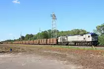 OHE 330091 kommt mit einem Holzzug vom Binnenhafen Eberswalde auf der Industriebahn am alten Containerbahnhof vorbeigerollt. 11.06.2010