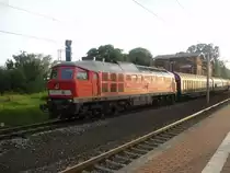 Eine BR 232 f�hrt mit einem G�terzug durch den Bahnhof Gifhorn bei abendlicher Sonne.
