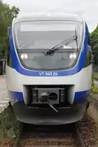 REHFELDE (Landkreis Märkisch-Oderland), 19.06.2010, VT 643.20 der Niederbarnimer Eisenbahn (NEB) als NE26 nach Berlin-Lichtenberg im Bahnhof Rehfelde