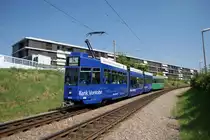 Das neue Werbetram der BVB. Motorwagen 684 macht Werbung f�r die Bank Vontobel, die neu eine Filiale in Basel er�ffnet hat. Die Aufnahme stammt vom 25.06.2010.