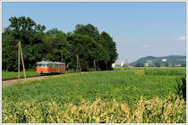 VT 10.02 + VB 10.12 bei der R�ckfahrt von Bad Radkersburg nach Graz als R 19682 in Weitersfeld an der Mur mit Blick auf Mureck am 11.7.2010 aufgenommen.