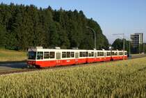 Be 8/8 23/24 fhrt am 9.7.10 mit dem Bt 203 im Schlepptau von Zollikerberg Richtung Waltikon. Diese Stelle hier kann man nur am frhen Morgen benutzten, danach wandert die Sonne auf die andere Seite der Geleise.