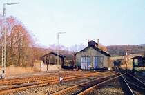 Ehemaliger Bahnbetriebsbereich in Gr�venwiesbach - rechts die Ausfahrt Richtung Wetzlar, 1. H�lfte der 1980iger Jahre.