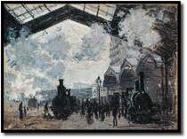 La gare St-Lazare (National Gallery, London)- Die Blickrichtung ist vom Kopfende des Bahnhofs aus gesehen, entlang der Gleise auf die Br�cke Pont de l'Europe. Zu Beginn des Jahres 1877 schuf Monet in einem Ausbruch von Schaffenskraft zw�lf Bilder des Bahnhofs St-Lazare in Paris, der zu dieser Zeit Hauptausgangspunkt f�r die Z�ge in die Normandie war. Man geht davon aus, da� die Bilder vor Ort ausgef�hrt wurden.