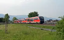 Vor der Kulisse des Pf�lzer Waldes eilen 642 001, 642 092 und 642 095 am 08. Mai 2010 als versp�teter RE 28887 von Neustadt (Weinstra�e) nach Karlsruhe an Edesheim vorbei in Richtung Landau.