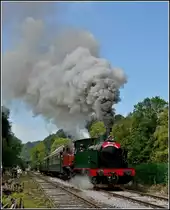 Mit vereinten Kr�ften ziehen die Gastloks  Helena  des Stoomtrein Dendermonde-Puurs und die Tkh 5387 des Stoomcentrum Maldegem am 14.08.10 den Museumszug von Dorinne-Durnal nach Spontin auf der PFT/TSP Museumsstrecke  Chemin de Fer du Bocq . (Jeanny) 