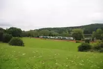 14.8.2010 17:19 Zwei Dieseltriebwagen der Vogtlandbahn aus Mari�nsk� L�zně/Cheb nach Zwickau (Sachsen) Hbf/Gera Hbf in der N�he des Bahnhofs Oelsnitz (Vogtland).