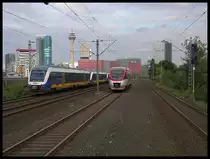 Ein Rennen zwischen VT 1008 und 3 Lints der NWB in D�sseldorf Hamm