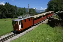 Die wieder in den Ursprungszustand versetzte He 2/2 14 bremst ihren Zug am 9.8.10 talw�rts. Das Bild entstand oberhalb von Wilderswil.