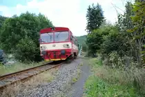 28.8.2010 14:34 ČD Baureihe 810 601-5 aus Loket předměst� nach Chodov nach einer Eisenbahnbr�cke kurz nach dem Bahnhof Loket předměst�.  
