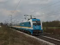 Die 183 003 am 02.04.2010 mit dem ALEX nach M�nchen unterwegs bei Obertraubling. 