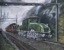 Manfreds Rail Art:  Krokodil auf Bergfahrt  (Ausschnitt); Acryl, ca. 30 x 42 cm; weitere Eisenbahnbilder auf Manfreds Rail Art: http://www.atelier-manf.ch/railart_home.htm

