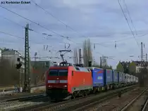 152 139 mit einem KLV Sattelauflieger bei der Durchfahrt in M�nchen Heimeranplatz,20.03.2010