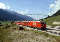MGB exFO GLACIE-EXPRESS A 10902 (bis 22.05.1993) von Zermatt nach Chur am 18.08.1991 Ausfahrt Oberwald mit E-Lok HGe 4/4II 104 - RhB B - BVZ B - B - RhB B -....
