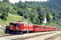 RhB NEUPENDEL-Regionalzug 150 von Filisur nach Davos Platz am 04.07.1999 in Filisur mit E-Lok Ge 4/4I 603 - B 2339 - B 2340 - AB 1515 - BDt 1731. Hinweis: Bahnanlagen sind inzwischen umgebaut!
