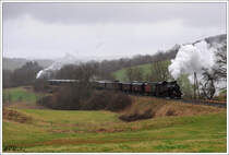Dampfspektakel Ostern 2010 anl�sslich 175 Jahre Deutsche Bahn: T11 7512 von Gerolstein nach Ulmen (Deutschland) nimmt bei str�menden Regen am 4.4.2010 die letzte Steigung vor ihrem Zielbahnhof Ulmen in Angriff.