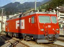 MGB exFO - HGe 4/4II 101 Name:VILLE DE SION/SITTEN am 24.08.1997 in DISENTIS - Zahnrad-LOKOMOTIVE - Baujahr 1986 - SLM5284/BBC - 1836 KW - Gewicht 64,00t - L�P 14,78m - zul�ssige Geschwindigkeit 90/Z30 km/h - Hinweis: noch alte Lackierung
