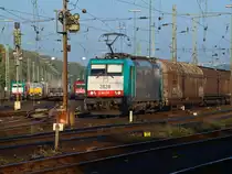 Bei sch�nsten Herbstwetter zieht Corba 186 220 am 08.10.2010 einen gemischten G�terzug aus Aachen West �ber die Montzenroute nach Belgien. Links im Hintergrund warten Cobra 186 212, Class66 PB19 von DLC und die Schweizer 482 035-3 auf gr�nes Signal.