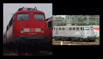 Was f�r eine Ver�nderung. Die 110 457-9 links am 12.06.2010 in Aachen Rothe Erde und rechts die 10er am 09.10.2010 in K�ln Bbf aus dem RE9 mit AEG Werbung.