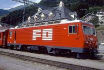 MGB exFO - HGe 4/4II 104 Name: FURKA am 02.08.1992 in DISENTIS - Zahnrad-LOKOMOTIVE - �bernahme 10.09.1986 - SLM5282/BBC - 1836 KW - Gewicht 64,00t - L�P 14,78m - zul�ssige Geschwindigkeit 90/Z30 km/h -  Mutation: ex SBB/Br�nig HGe 4/4II 1951 - 7/1990 an FO - Hinweis: noch alte Lackierung
