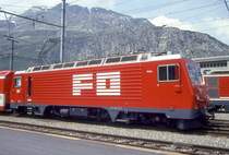 MGB exFO - HGe 4/4II 104 Name: FURKA am 01.06.1993 in ANDERMATT - Zahnrad-LOKOMOTIVE - �bernahme 10.09.1986 - SLM5282/BBC - 1836 KW - Gewicht 64,00t - L�P 14,78m - zul�ssige Geschwindigkeit 90/Z30 km/h -  Mutation: ex SBB/Br�nig HGe 4/4II 1951 - 7/1990 an FO - Hinweis: noch alte Lackierung
