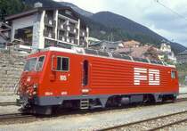 MGB exFO - HGe 4/4II 105 Name: ALPSU am 06.06.1993 in DISENTIS - Zahnrad-LOKOMOTIVE - �bernahme 19.12.1986 - SLM5283/BBC - 1836 KW - Gewicht 64,00t - L�P 14,78m - zul�ssige Geschwindigkeit 90/Z30 km/h -  Mutation: ex SBB/Br�nig HGe 4/4II 1952 - 10/1990 an FO - Hinweis: noch alte Lackierung
