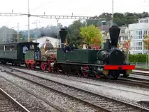 SBB Historic - Zur Feier von 150 Jahre Eisenbahn am Jurabogen ist die Dampflok Ec 2/5 28 und D 1/3 1 Limmat im Bahnhof Lyss am 26.09.2010
