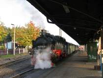 99 1775-8 (ex DR 99 775; DB EDV-Nr.: 099 739-5) steht mit dem P 3012 abfahrbereit in Radebeul-Ost. Der Dampf wird später noch eine Rolle spielen..... (siehe auch Bild ID 45432) - 20.10.2005