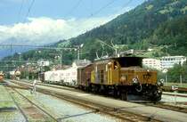 RhB G�TERZUG 5238 von Disentis nach Landquart am 27.08.1997 Rangierfahrt in Ilanz mit E-Lok Ge 6/6I 411 - Gbkv 5561 - Ucek 8063 - Uce 8045 - Ucek 8064 - Uce 8033 - Uce 8013 - Uce 8043 - Gbkv 5574. Hinweis: Lok nach Unfall 09.02.2000a - zur Zeit ausgestellt Deutsches Museum M�nchen