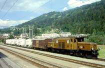 RhB G�TERZUG 5238 von Disentis nach Landquart am 27.08.1997 in Ilanz mit E-Lok Ge 6/6I 411 - Gbkv 5561 - Ucek 8063 - Uce 8045 - Ucek 8064 - Uce 8033 - Uce 8013 - Uce 8043 - Gbkv 5574. Hinweis: Lok nach Unfall 09.02.2000a - zur Zeit ausgestellt Deutsches Museum M�nchen
