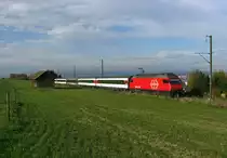 Beinahe auf Seeh�he in Konstanz gestartet, hat Re 460 052 mit IR 9068 (Konstanz-Biel/Bienne) bereits einige H�henmeter hinter sich gebracht und f�hrt hier zwischen Bernrain und Lengwil dem Thurtal entgegen. (30.Oktober 2010)