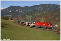 Teilkleberlok (Teilwerbelok) 1116.260  Sicher durch Europa  f�hrt mit dem SITFA-Autoganzzug GAG 46769 durch die wundersch�n herbstlich verf�rbte Landschaft bei Eichberg am Semmering. 30.10.2010