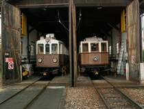 Der 4achser TW 105  Alioth  Nesseldorfer Waggonbaufabrik Basel(1910) links und der 2achser Nr.12 Grazer Waggonfabrik AG (1907) rechts,im Schuppen von Oberbozen am 23.10.05