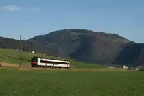 Nachschuss auf einen dreiteiligen Domino-Pendelzug, unterwegs als R 5073 (La Chaux-de-Fonds - Biel/Bienne) zwischen Cort�bert und Corg�mont im Vallon de St-Imier. 14.11.2010. 
