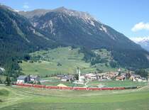 RhB SCHNELLZUG 531 von Chur nach St.Moritz am 08.06.1993 bei Berg�n mit E-Lok Ge 4/4II 629 - D 4218 - B 2442 - B 2374 - B 2376 - A 1234 - A 1237 - B 2226 - B 2325 - Gb 5097 - Gb 5039 - Gbkv 5570 - Gakv 5420.
